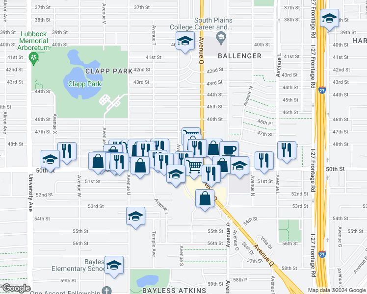 map of restaurants, bars, coffee shops, grocery stores, and more near 4800-4848 Avenue S in Lubbock