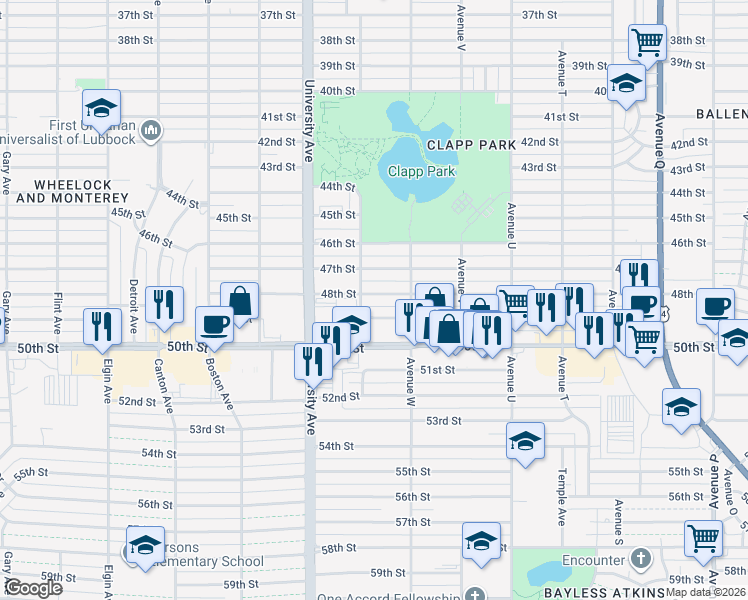map of restaurants, bars, coffee shops, grocery stores, and more near 2319 48th Street in Lubbock