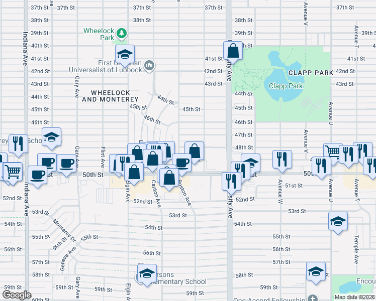 map of restaurants, bars, coffee shops, grocery stores, and more near 2613 48th Street in Lubbock