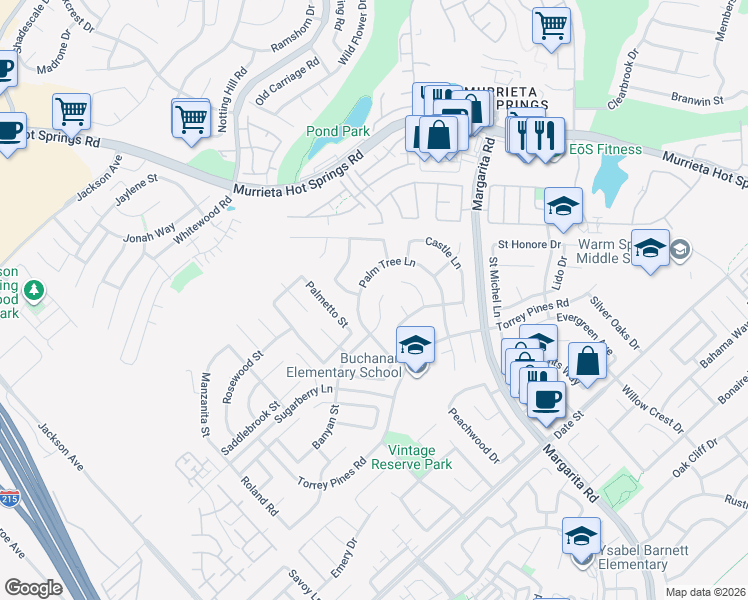 map of restaurants, bars, coffee shops, grocery stores, and more near 39912 Banyan Street in Murrieta