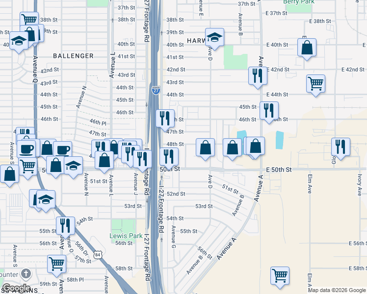 map of restaurants, bars, coffee shops, grocery stores, and more near 813 48th Street in Lubbock
