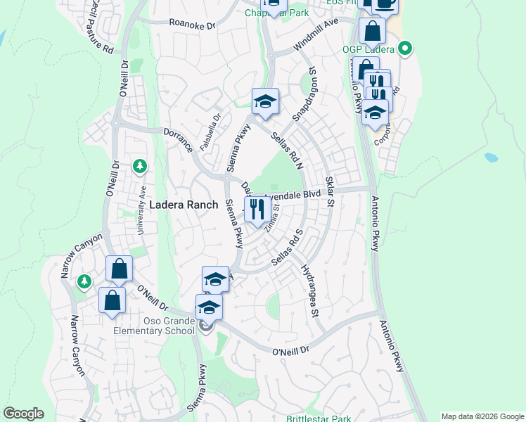 map of restaurants, bars, coffee shops, grocery stores, and more near 8 Whitworth Street in Ladera Ranch