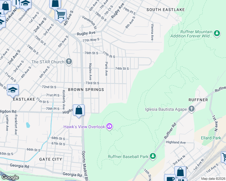 map of restaurants, bars, coffee shops, grocery stores, and more near 7228 Queenstown Avenue in Birmingham