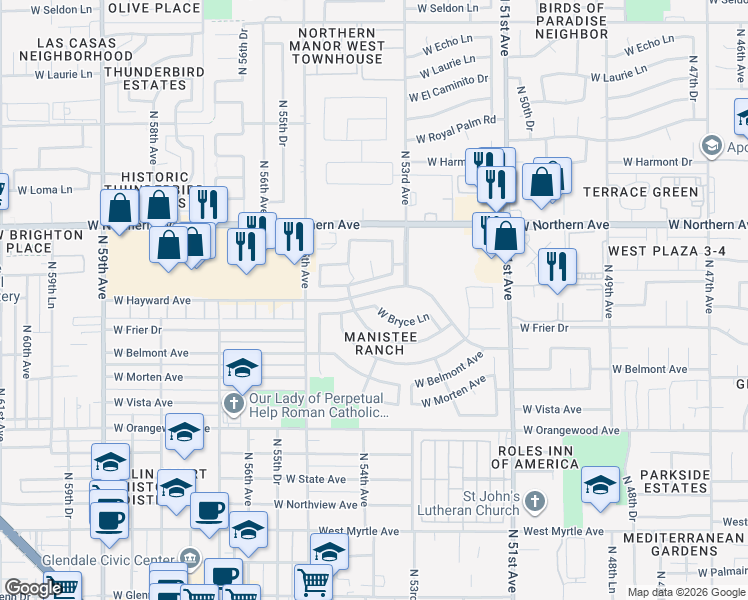 map of restaurants, bars, coffee shops, grocery stores, and more near 5380 West Bryce Lane in Glendale