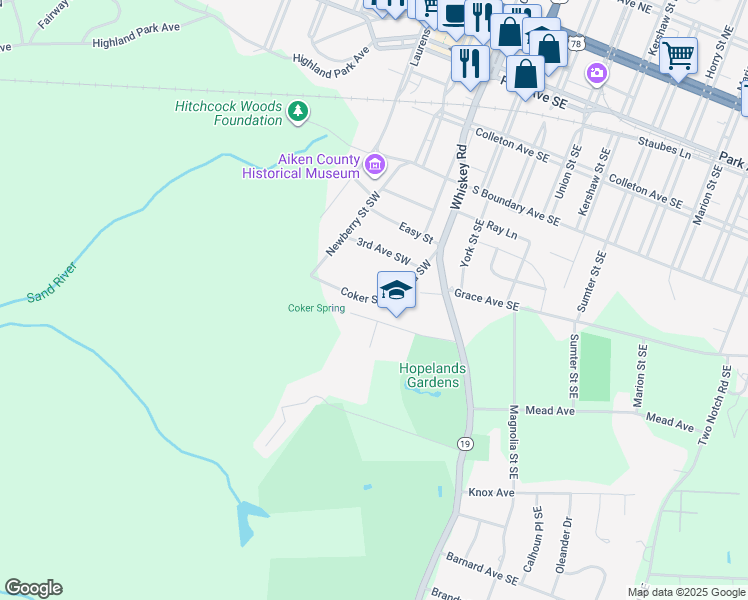 map of restaurants, bars, coffee shops, grocery stores, and more near Coker Springs Road Southwest in Aiken