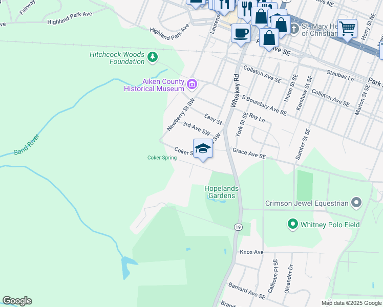 map of restaurants, bars, coffee shops, grocery stores, and more near Coker Springs Road Southwest in Aiken