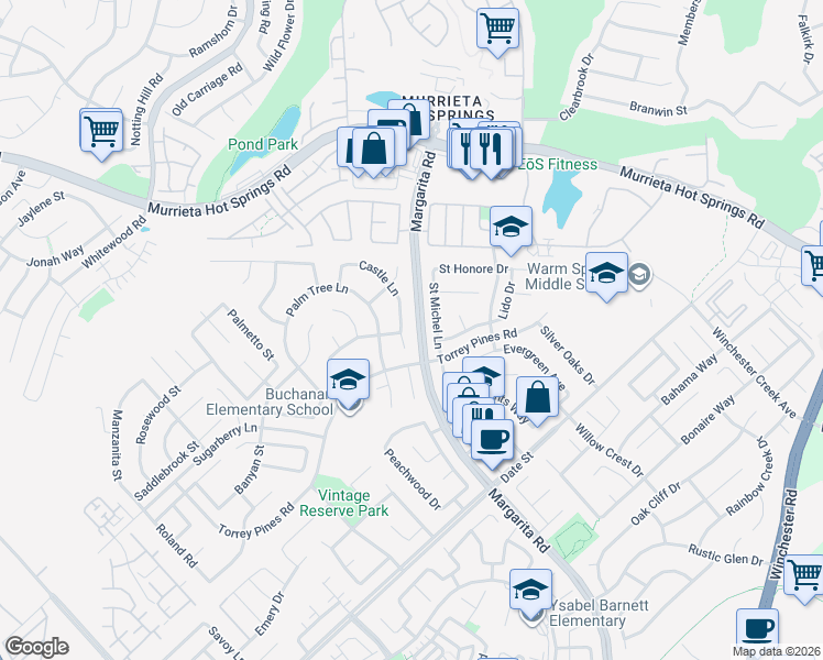 map of restaurants, bars, coffee shops, grocery stores, and more near 26405 Castle Lane in Murrieta