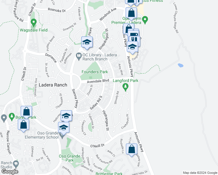 map of restaurants, bars, coffee shops, grocery stores, and more near 7 Toribeth Street in Ladera Ranch