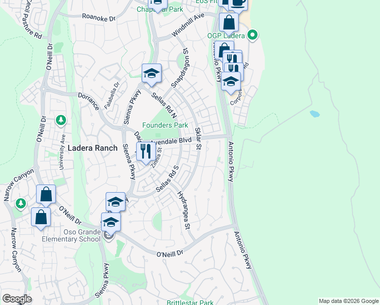 map of restaurants, bars, coffee shops, grocery stores, and more near 201 Sklar Street in Ladera Ranch