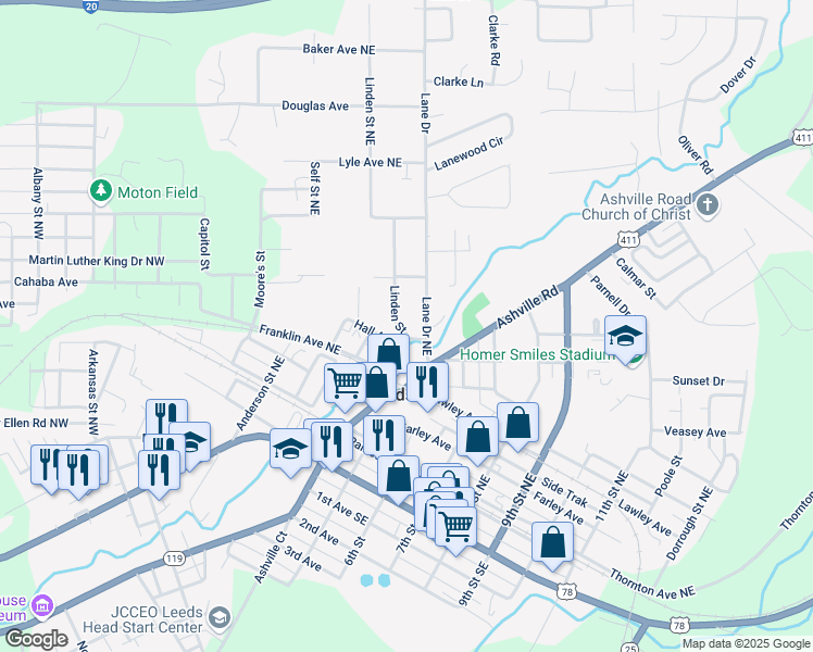 map of restaurants, bars, coffee shops, grocery stores, and more near 1701 Linden Street in Leeds
