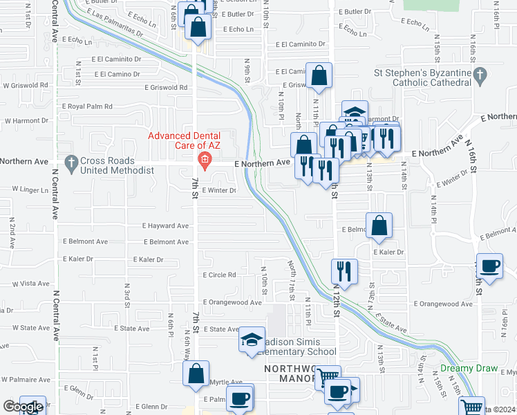 map of restaurants, bars, coffee shops, grocery stores, and more near 841 East Desert Park Lane in Phoenix