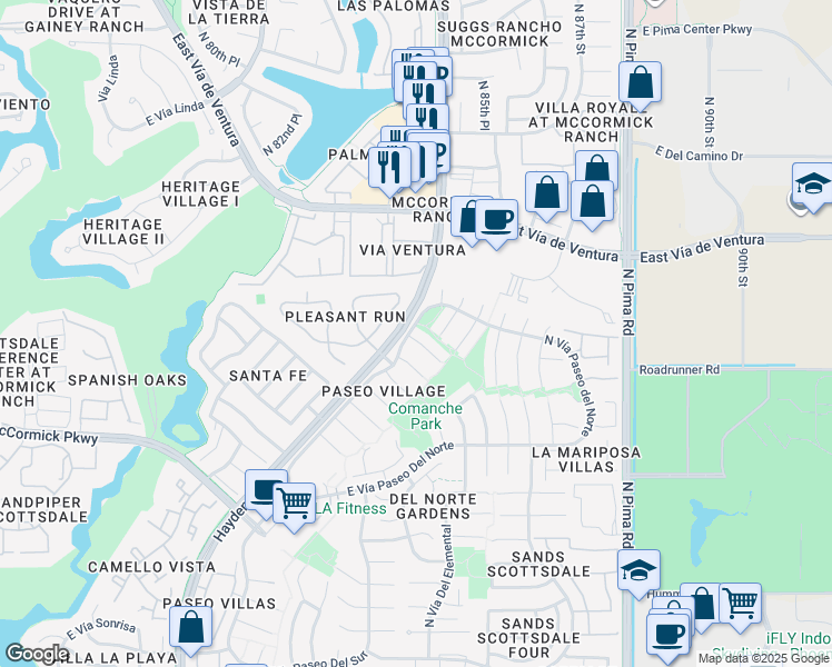 map of restaurants, bars, coffee shops, grocery stores, and more near 8404 E Vía de Jardin in Scottsdale