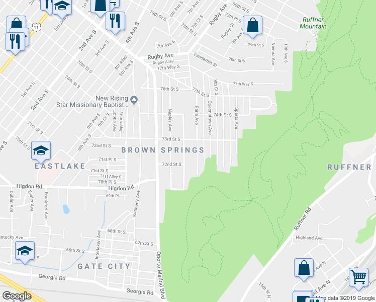 map of restaurants, bars, coffee shops, grocery stores, and more near 7225 Oporto Avenue in Birmingham