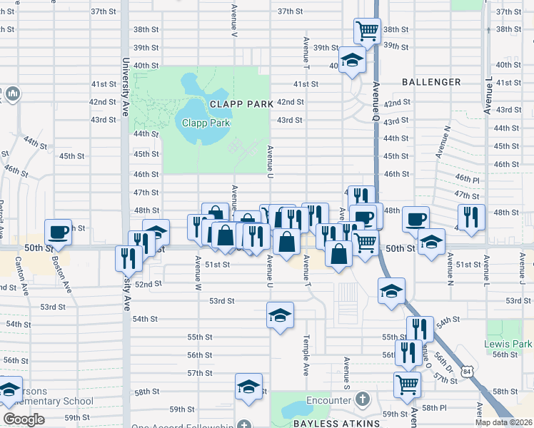 map of restaurants, bars, coffee shops, grocery stores, and more near 2101 48th Street in Lubbock