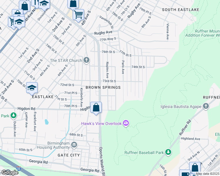 map of restaurants, bars, coffee shops, grocery stores, and more near 7225 Naples Ave in Birmingham