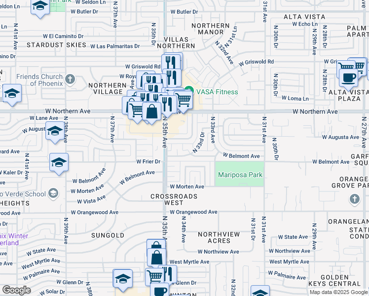 map of restaurants, bars, coffee shops, grocery stores, and more near 7730 N 34th Ave in Phoenix