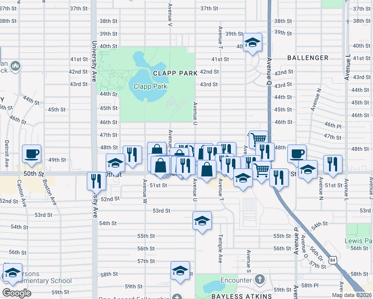 map of restaurants, bars, coffee shops, grocery stores, and more near 2101 48th Street in Lubbock