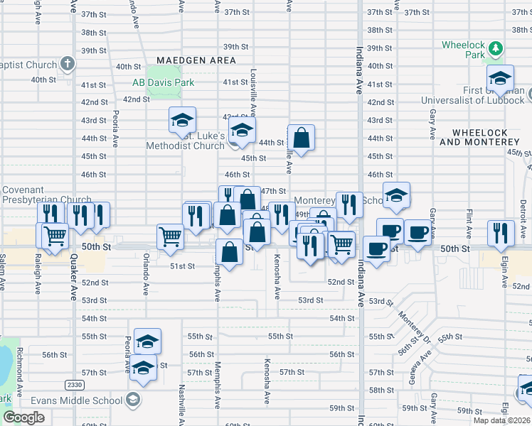 map of restaurants, bars, coffee shops, grocery stores, and more near 3611 48th St in Lubbock