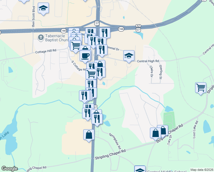 map of restaurants, bars, coffee shops, grocery stores, and more near 42 Mary Ella Drive in Carrollton