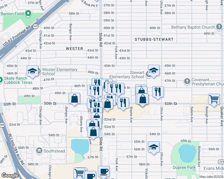 map of restaurants, bars, coffee shops, grocery stores, and more near 5105 48th Street in Lubbock