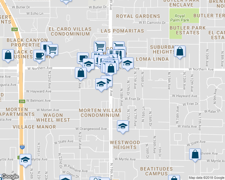 map of restaurants, bars, coffee shops, grocery stores, and more near 7747 North 19th Avenue in Phoenix