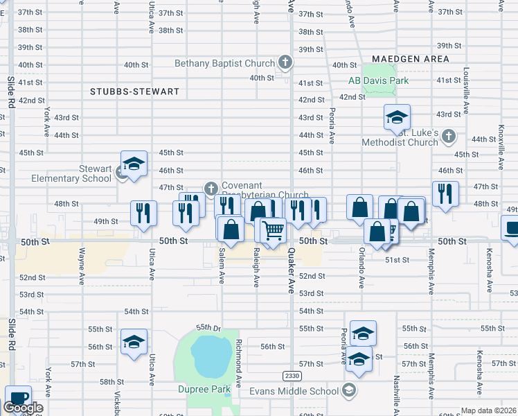 map of restaurants, bars, coffee shops, grocery stores, and more near 4419 48th Street in Lubbock