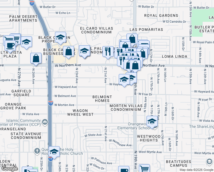map of restaurants, bars, coffee shops, grocery stores, and more near 2049 West Hayward Avenue in Phoenix