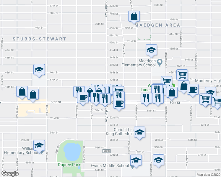 map of restaurants, bars, coffee shops, grocery stores, and more near 4317 48th Street in Lubbock