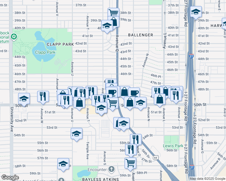 map of restaurants, bars, coffee shops, grocery stores, and more near 1705 48th Street in Lubbock