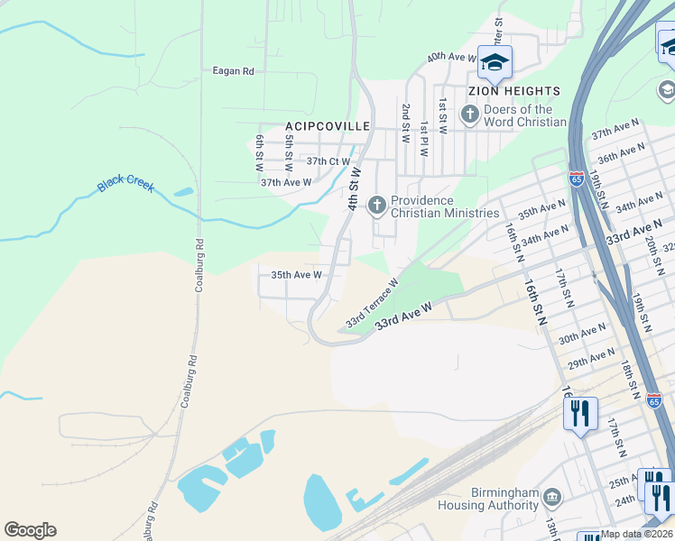 map of restaurants, bars, coffee shops, grocery stores, and more near 340 35th Avenue West in Birmingham