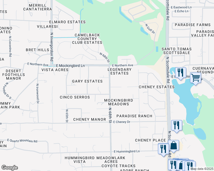 map of restaurants, bars, coffee shops, grocery stores, and more near 6808 East Bronco Drive in Paradise Valley