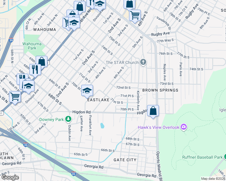 map of restaurants, bars, coffee shops, grocery stores, and more near 7125 6th Avenue South in Birmingham