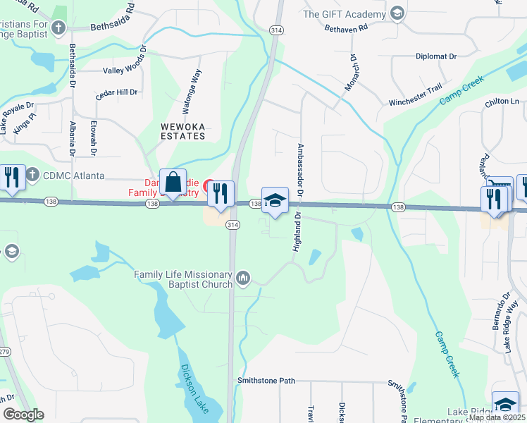 map of restaurants, bars, coffee shops, grocery stores, and more near 3000 Highway 138 Southwest in Fayetteville