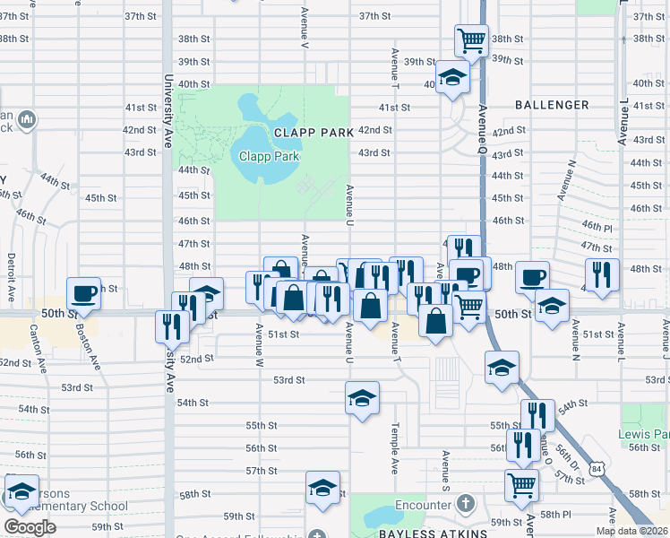 map of restaurants, bars, coffee shops, grocery stores, and more near 2101 48th Street in Lubbock