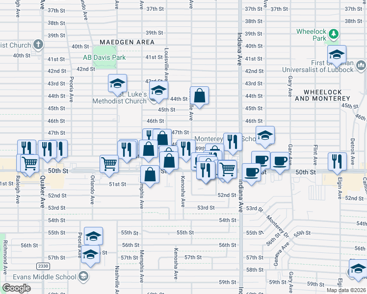 map of restaurants, bars, coffee shops, grocery stores, and more near 3611 48th Street in Lubbock