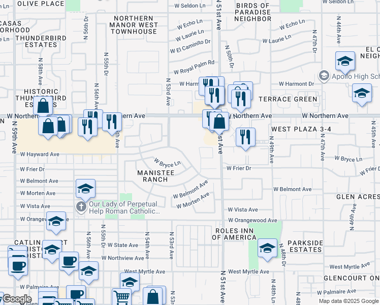 map of restaurants, bars, coffee shops, grocery stores, and more near 7959 North 53rd Avenue in Glendale