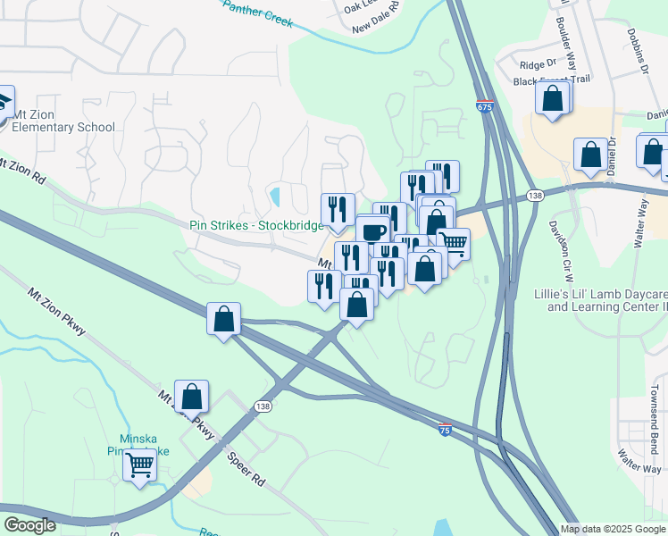map of restaurants, bars, coffee shops, grocery stores, and more near 3480 Mount Zion Road in Stockbridge