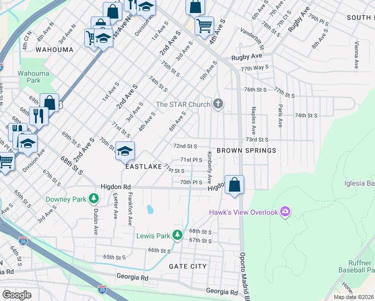 map of restaurants, bars, coffee shops, grocery stores, and more near 632 72nd Street South in Birmingham