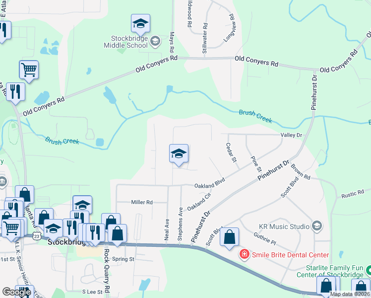 map of restaurants, bars, coffee shops, grocery stores, and more near 213 Briarpatch Court in Stockbridge
