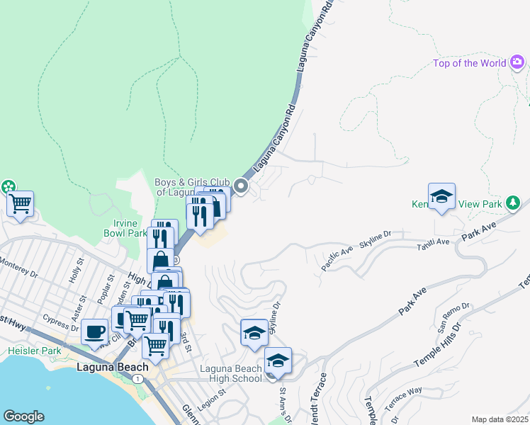 map of restaurants, bars, coffee shops, grocery stores, and more near 1400 Woodland Drive in Laguna Beach