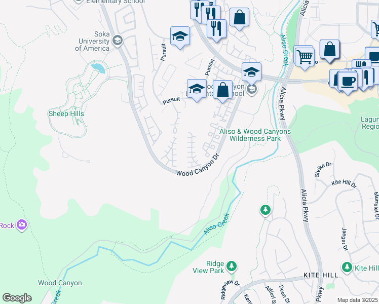 map of restaurants, bars, coffee shops, grocery stores, and more near 41 Colony Way in Aliso Viejo