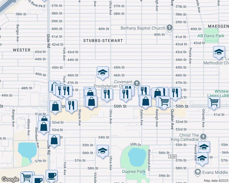 map of restaurants, bars, coffee shops, grocery stores, and more near 4737 48th Street in Lubbock