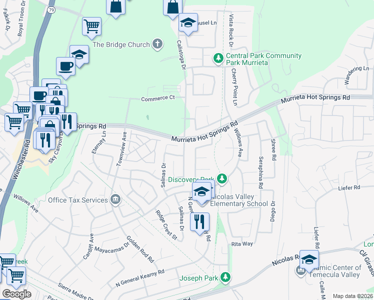map of restaurants, bars, coffee shops, grocery stores, and more near 39234 Calistoga Drive in Murrieta