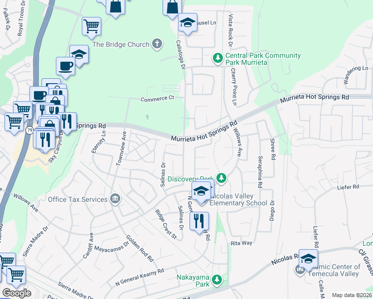 map of restaurants, bars, coffee shops, grocery stores, and more near 39234 Calistoga Drive in Murrieta