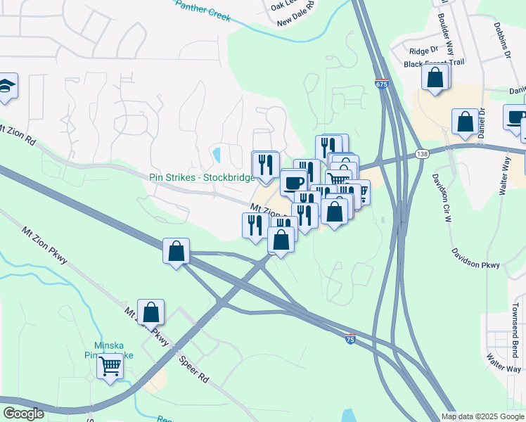 map of restaurants, bars, coffee shops, grocery stores, and more near 3386 Mount Zion Road in Stockbridge