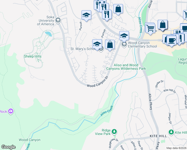 map of restaurants, bars, coffee shops, grocery stores, and more near 35 Colony Way in Aliso Viejo