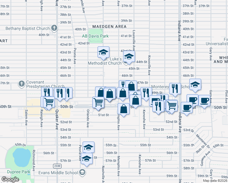 map of restaurants, bars, coffee shops, grocery stores, and more near 3801 48th Street in Lubbock