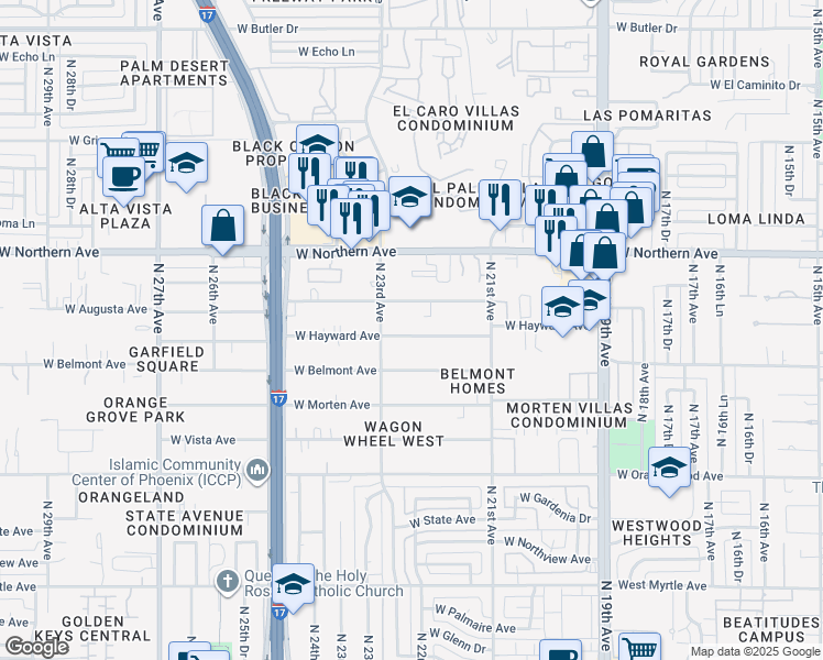 map of restaurants, bars, coffee shops, grocery stores, and more near 2230 West Hayward Avenue in Phoenix