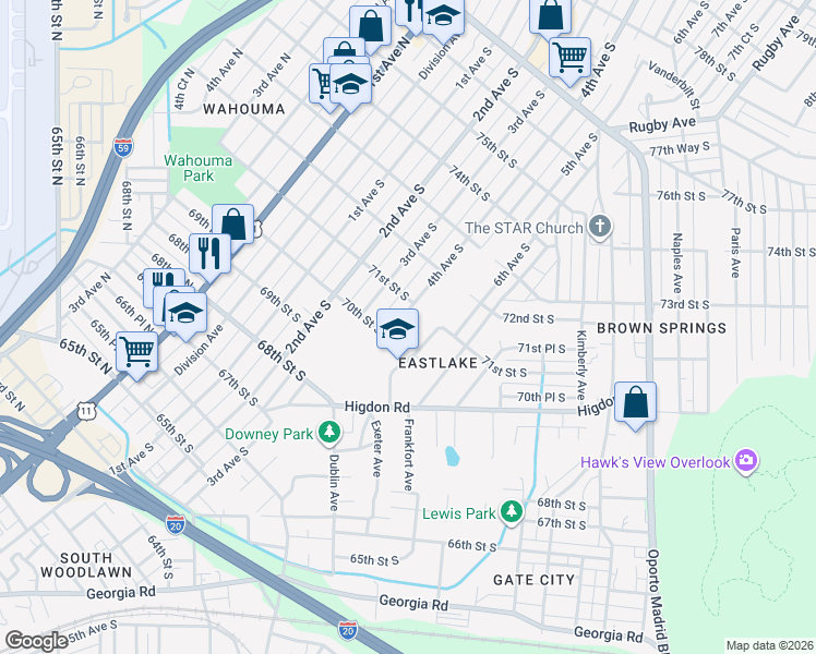 map of restaurants, bars, coffee shops, grocery stores, and more near 7017 4th Avenue South in Birmingham