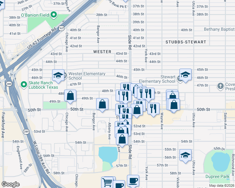 map of restaurants, bars, coffee shops, grocery stores, and more near 4710 Slide Road in Lubbock
